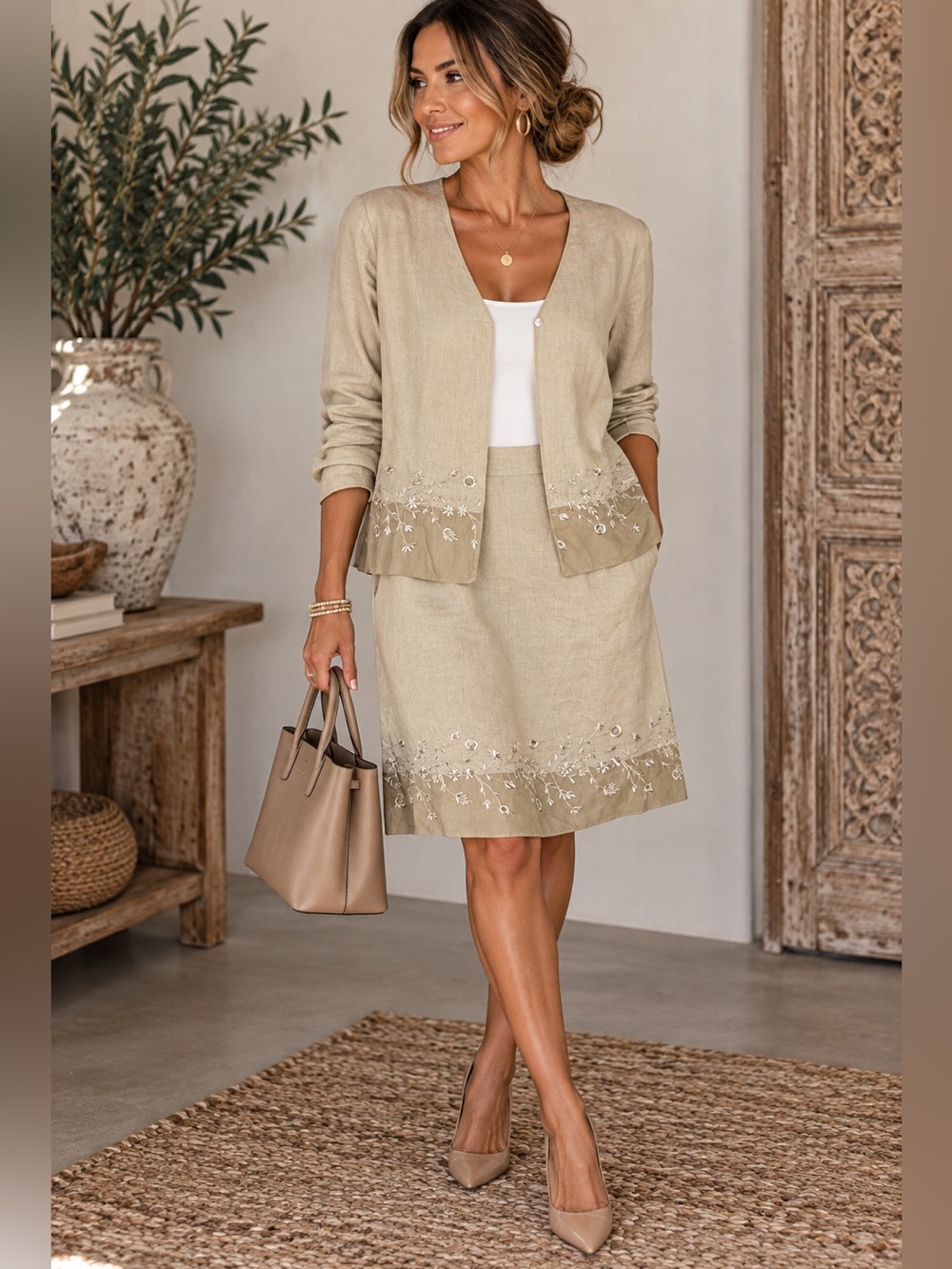 TAO 100% Linen Silk Trim Embroidered Skirt Suit Set Size 4 NWT